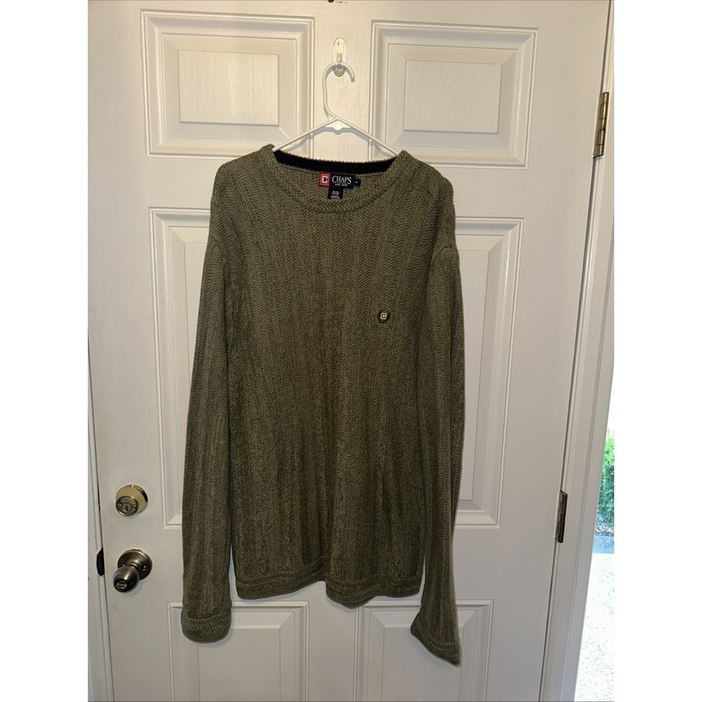 Chaps Mens Medium Olive Herringbone Knit Crewneck Cotton Sweater Logo